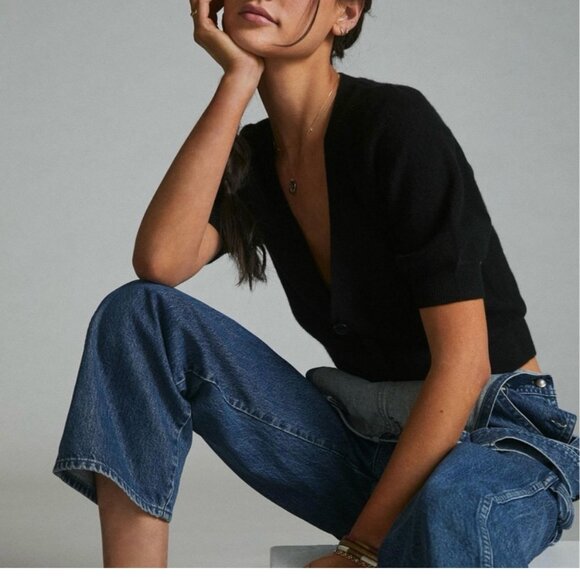 NEW MAEVE X ANTHROPOLOGIE black cashmere puff sleeve cardigan sweater - Picture 2 of 6